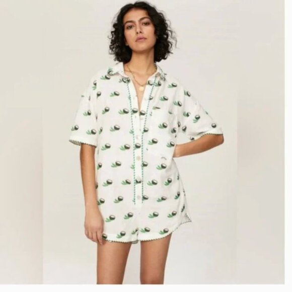 FARM Rio Pants - FARM Rio Green and White Playful Button Down Jumpsuit Size M